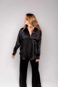 Black silky button down shirt