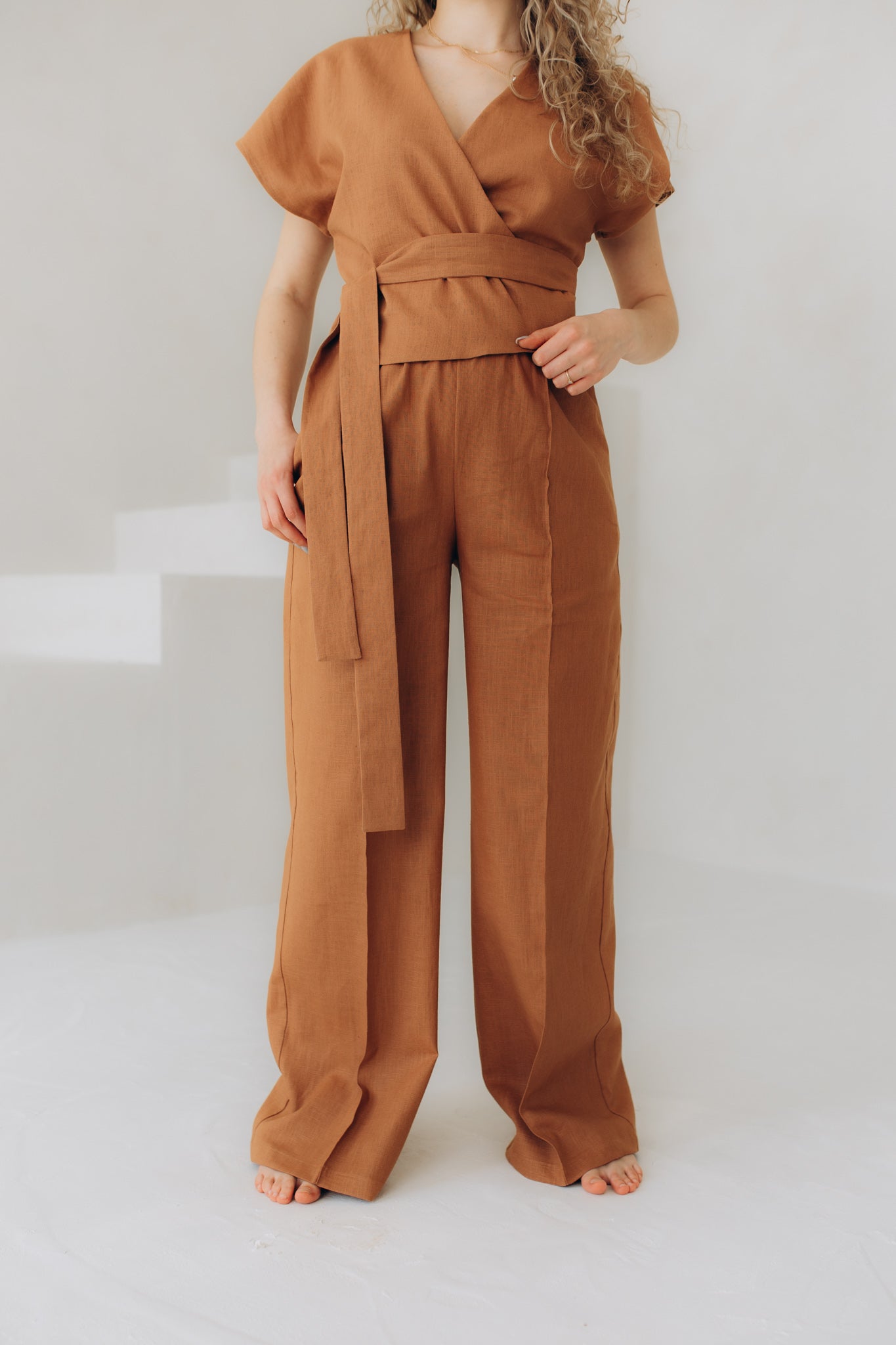 Brown linen trousers for women