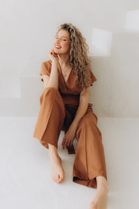 Brown linen trousers for women