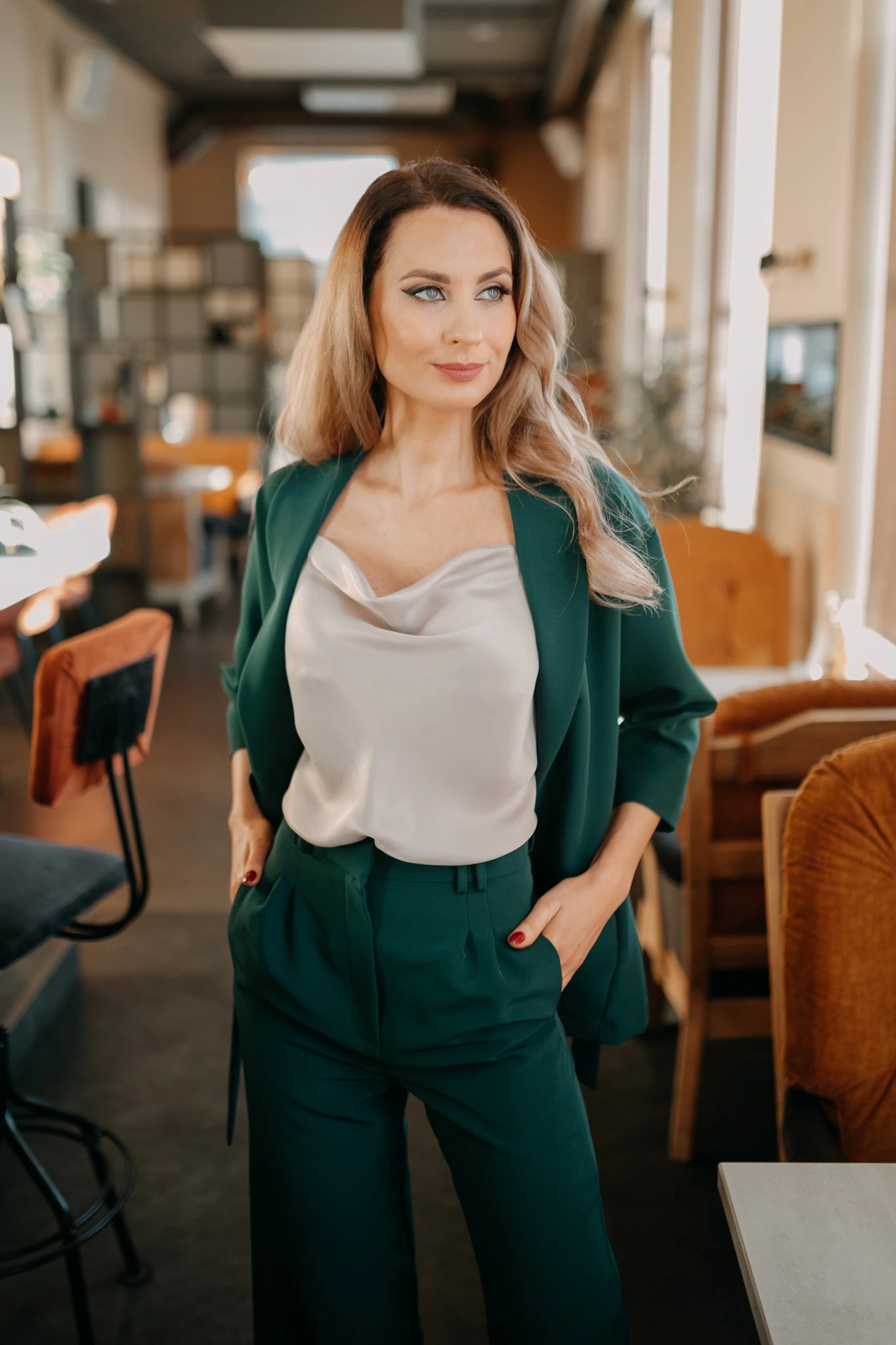 green blazer with belt