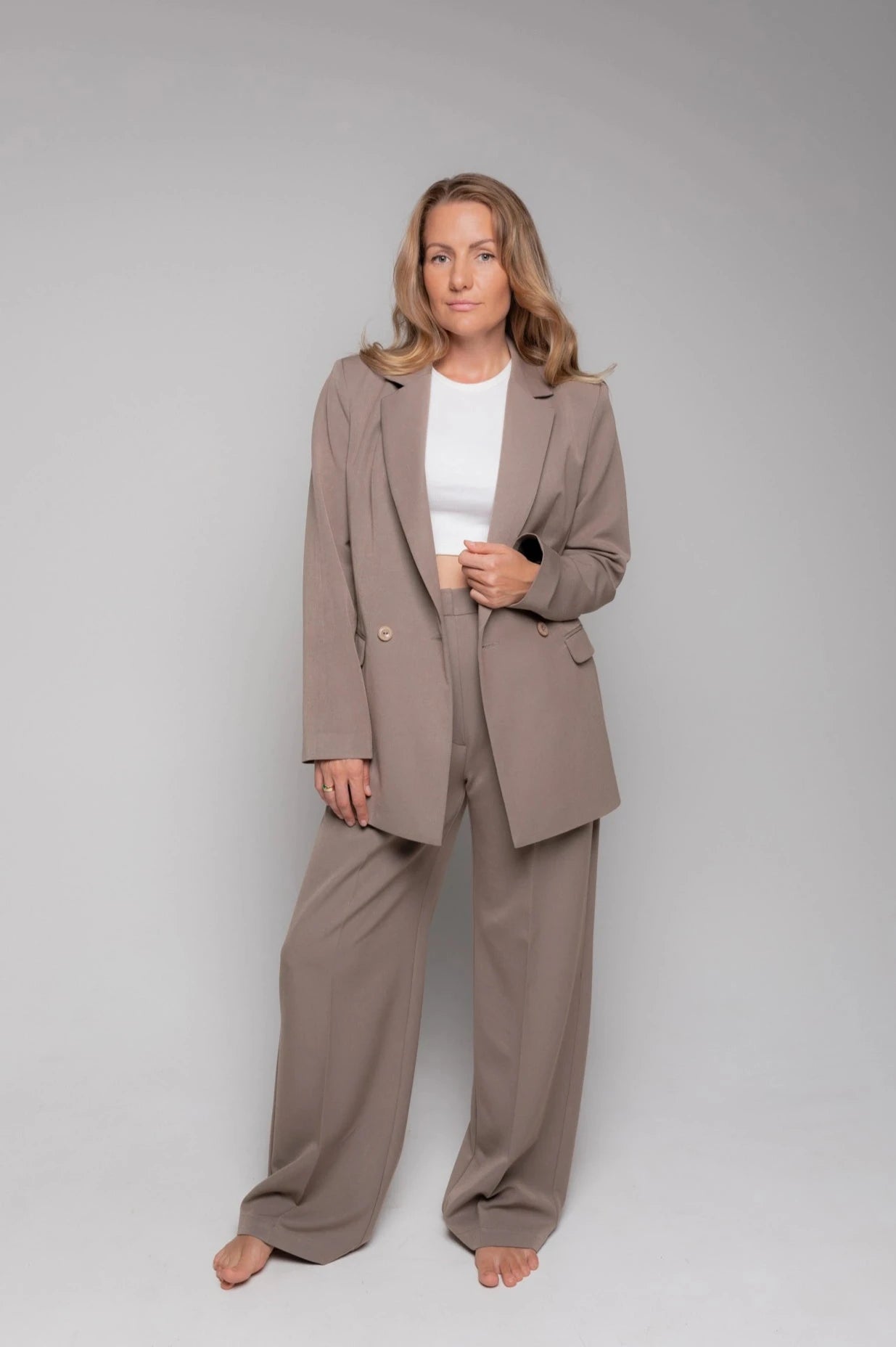 Ladies taupe wide leg trousers